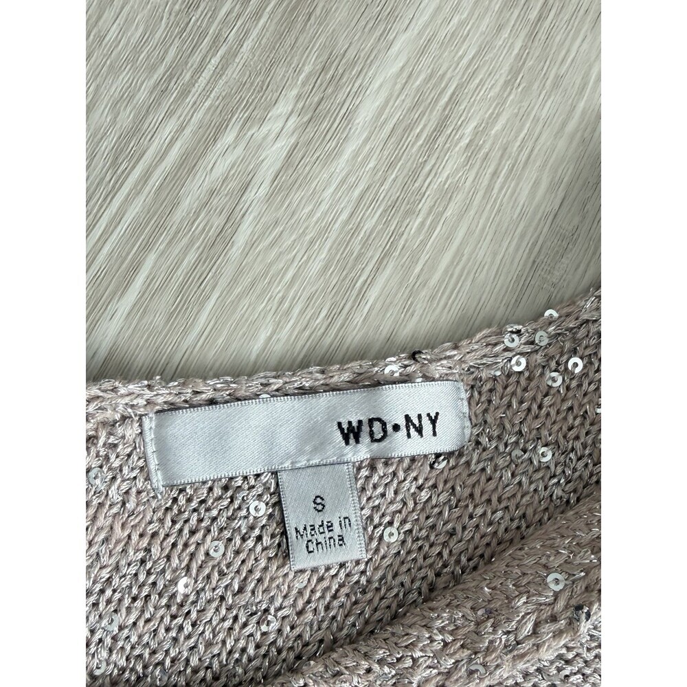 WD NY Sequin Knit V-Neck Sweater Taupe Silver Sparkle Short Sleeve Size Small - Picture 5 of 11